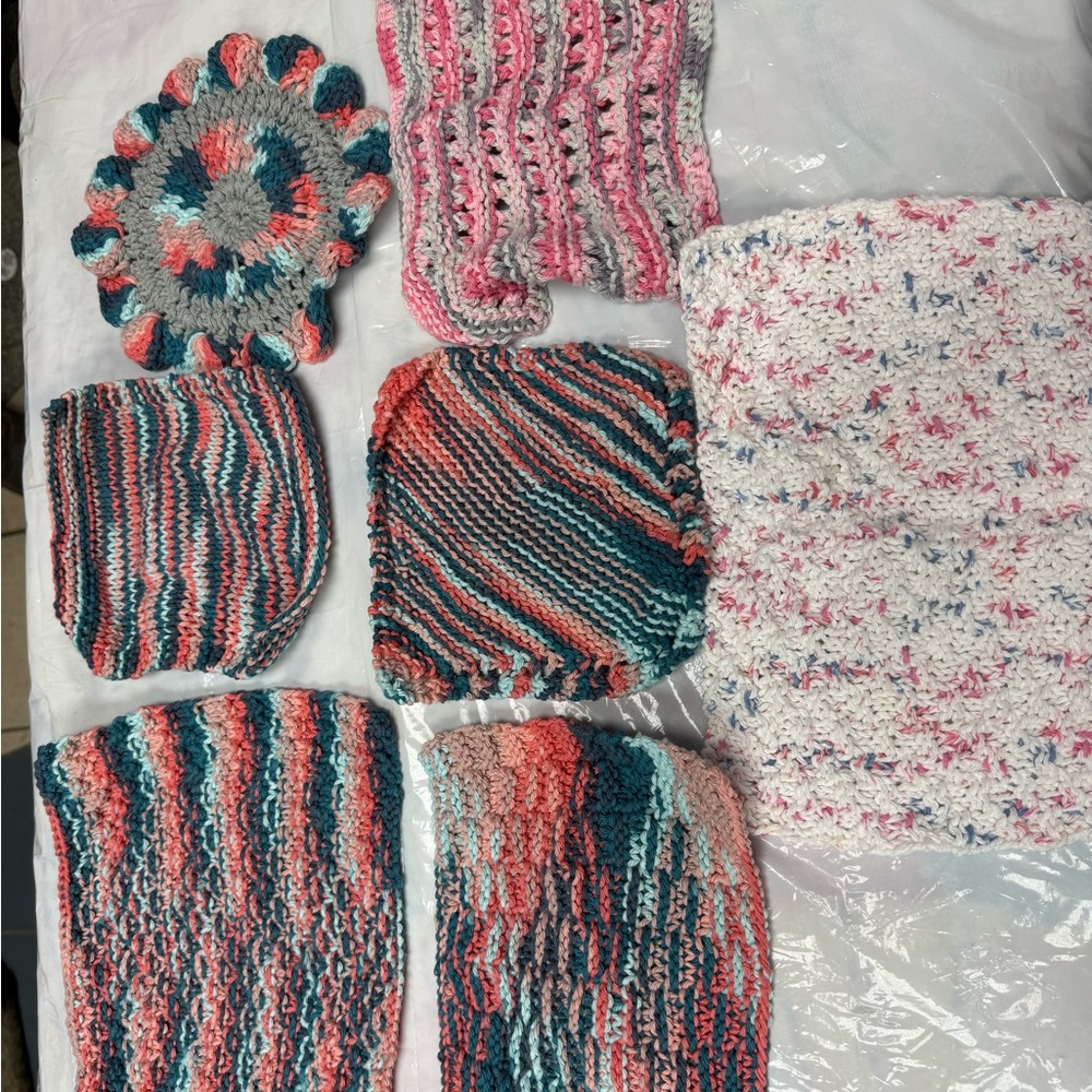Home made by my mom. 
Colorful Knitted Dishcloth Set